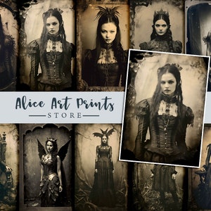 Vintage Schöne Vampirgöttin Fotografie, Junk Journal Retro Fotos Digital, hübsche Vampir junge Frau, Dame im gotischen Stil Ephemera