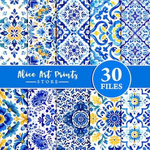 May include: A collection of 30 digital files featuring watercolor patterns in shades of blue, yellow, and white. The designs include floral and geometric motifs. The text "Alice Art Prints - STORE -" is displayed on a blue banner, with a blue circle that says "30 FILES".