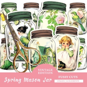 Spring Mason Jar Junk Journal Printables, Digital Ephemera Pack Vintage Mason Jars Tags, Fussy Cuts, Vintage Designs for Crafting