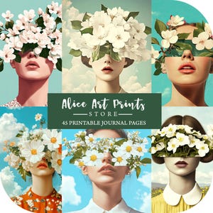 Images imprimables de visage de fleur, papier de collage de fantaisie de femme surréaliste, téléchargement numérique d'éphémères imprimables pour le scrapbooking et la fabrication de cartes