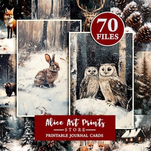 Kerstkaartenpakket, wenskaartenset, 70 kerstkaarten, afdrukken met bosdieren, dierenillustratie, winterkunstprint, digitale download