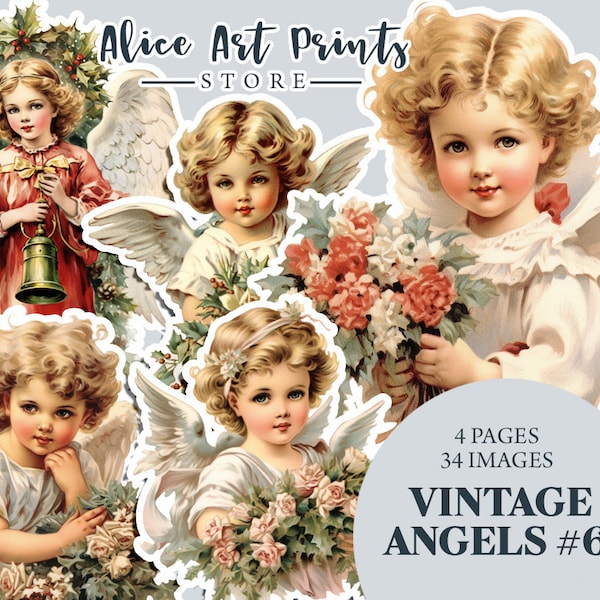 Vintage Christmas Angel Fussy Cut Ephemera for Junk Journals, Retro Xmas Baby Angels, Victorian Angel, Printable Collage Sheet, Cut-outs