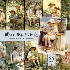 Art aquarelle rétro vintage pour enfants, cartes de journalisation souvenirs d’enfance d’été, ensemble d’illustrations à l’aquarelle, 55 images éphémères pour le bricolage