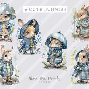 May include: Six cute cartoon bunnies wearing blue and plaid raincoats and hats. The bunnies are standing in a forest setting with mushrooms and flowers. The text "6 CUTE BUNNIES" is at the top of the image. The text "Alice Art Prints - STORE -" is at the bottom of the image.
