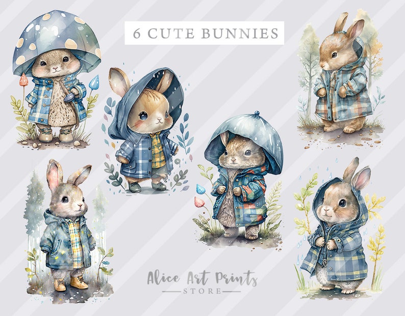 May include: Six cute cartoon bunnies wearing blue and plaid raincoats and hats. The bunnies are standing in a forest setting with mushrooms and flowers. The text "6 CUTE BUNNIES" is at the top of the image. The text "Alice Art Prints - STORE -" is at the bottom of the image.