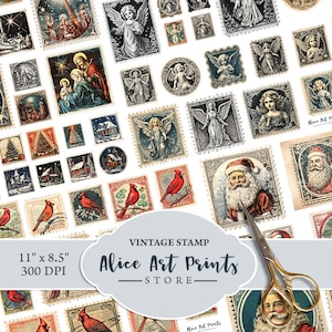 May include: A digital download of vintage Christmas stamp images. The images feature angels, Santa Claus, cardinals, and other holiday themes. The images are perfect for scrapbooking, card making, and other craft projects. The download includes 30 images in total, measuring 11 inches by 8.5 inches at 300 DPI.