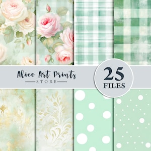 Papel digital romántico de cabaña de campo de acuarela, fondos verdes menta, páginas de diario vintage suaves y ligeras, papeles imprimibles Shabby Chic