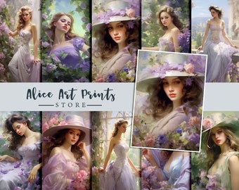 Tarjeta de diario de mujer victoriana francesa hermosa vintage, pinturas románticas para damas tarjetas ATC, imágenes efímeras para bricolaje, verde violeta claro