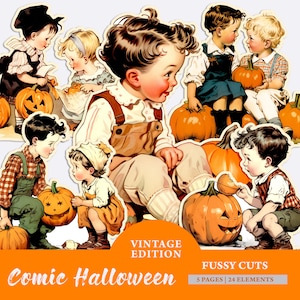 Niedliches Comic Halloween Suspended Cut Ephemera für Junk Journals, Halloween Kids Clipart, Printable Collage Sheet, Vintage Herbst Journal Zubehör