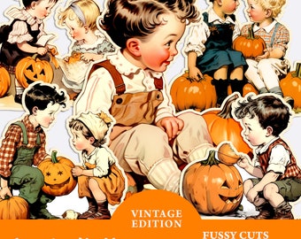 Lindo cómico Halloween Fussy Cut Ephemera para diarios basura, imágenes prediseñadas de Halloween para niños, hoja de collage imprimible, suministros de diario de otoño vintage