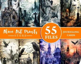 Tarjetas imprimibles de diario basura de paisajes de Halloween, escenas de Halloween en acuarela, páginas espeluznantes, descargar diario basura, fabricación de tarjetas de scrapbooking