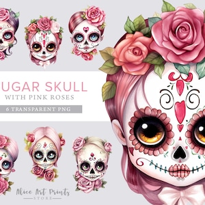 La Calavera Catrina Aquarell Clipart, kleine süße La Catrina PNG, Sugar Skull PNG Bundle, süße La Calavera Catrina mit rosa Rosen Clip Art