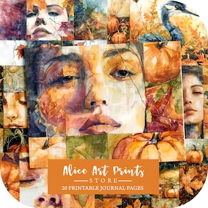 May include: A collage of 20 printable journal pages featuring watercolor illustrations of fall leaves, pumpkins, and a woman's face. The text "Alice Art Prints - STORE - 20 Printable Journal Pages" is at the bottom of the collage.