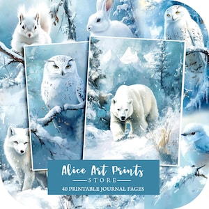 Pagine di diario spazzatura con animali del bosco invernale, carta digitale per scrapbooking con foresta invernale, foglio di collage digitale a tema invernale shabby chic