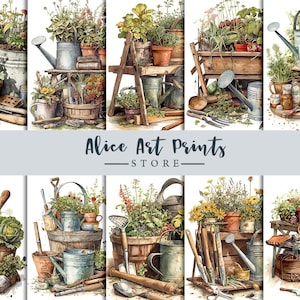 Vintage gardening items Paper Ephemera, Watercolor Vintage Garden Journal Pages, Gardening items Junk Journal Printable, 24 illustrations