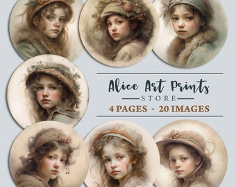 Puede incluir: Seis imágenes circulares de chicas jóvenes con diferentes peinados y ropa. Cada imagen tiene un fondo marrón claro y un borde blanco. El texto "Alice Art Prints - STORE - 4 PAGES - 20 IMAGES" está en el centro de la imagen.
