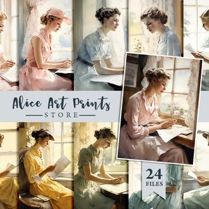 Vintage mooie jonge vrouw die een brief leest Journaling Card, aquarel romantische dames die een brief schrijven Kaarten, Ephemera-afbeeldingen voor doe-het-zelf