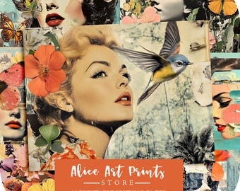 May include: A collage of vintage images featuring women, flowers, birds, and butterflies. The collage is titled "Alice Art Prints - Store" and includes the text "25 Printable Journal Pages".