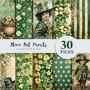 Ensemble de papier numérique St Patricks vintage imprimable, 30 pages de trèfle à quatre feuilles, éphémères de trèfle irlandais, motifs d'arrière-plan St Patty usés et fanés