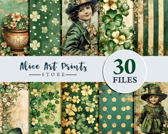 May include: A set of 30 digital paper designs featuring green shamrocks, gold accents, and vintage-inspired illustrations. The papers are perfect for crafting, scrapbooking, and digital design projects.
