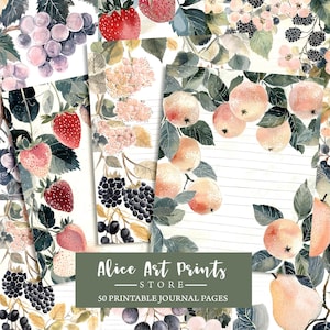 Op de afbeelding: 50 printbare journaalpagina's met aquarel illustraties van fruit en bessen. De pagina's hebben een gestreepte achtergrond en zijn perfect voor journalen, notities maken of scrapbooken.