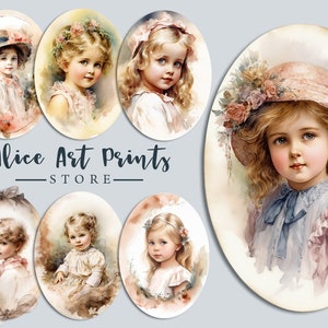 petite fille vintage - image ovale - Étiquettes de journalisation, éphémères de journal indésirable aquarelle, cartes de journalisation, journal indésirable et fournitures de scrapbooking