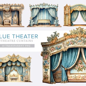 Vintage Paper Theatre, 10 French Theatre Dollhouse, imprimible Blue Curtain basura diario efímera vintage digital, fabricación de tarjetas, scrapbooking