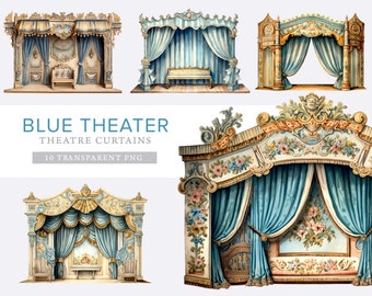 May include: A set of 10 digital images of vintage theater curtains with ornate frames and blue velvet curtains. The images are transparent PNG files.
