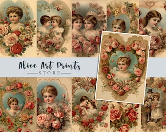 Diario basura de tarjeta de San Valentín vintage, efímera digital, suministros de diario basura, fabricación de tarjetas, álbum de recortes, postales antiguas, San Valentín victoriano