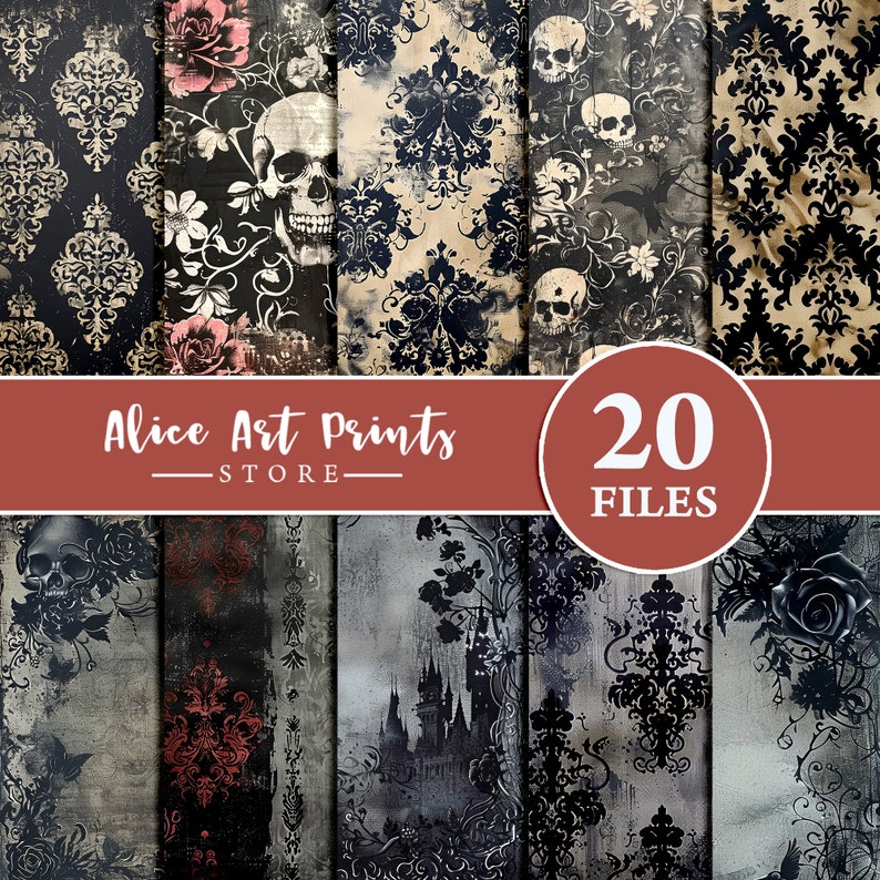 May include: A set of 20 digital paper designs featuring a gothic theme with black and white damask patterns, skulls, roses, and a castle silhouette. The papers are perfect for scrapbooking, card making, and other crafting projects.