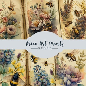 Watercolor Bee Junk Journal Pages, Vintage Bee Junk Journal Kit, Junk Journal Paper, Digital Collage Sheet, Flower Junk Journal Printable