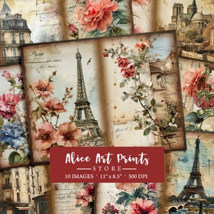 Reise nach Paris Junk Journal Papier, viktorianisches Digital Collage Sheet, Vintage französische Postkarte Ephemera, Bildcollage, Decoupage Junk Journal
