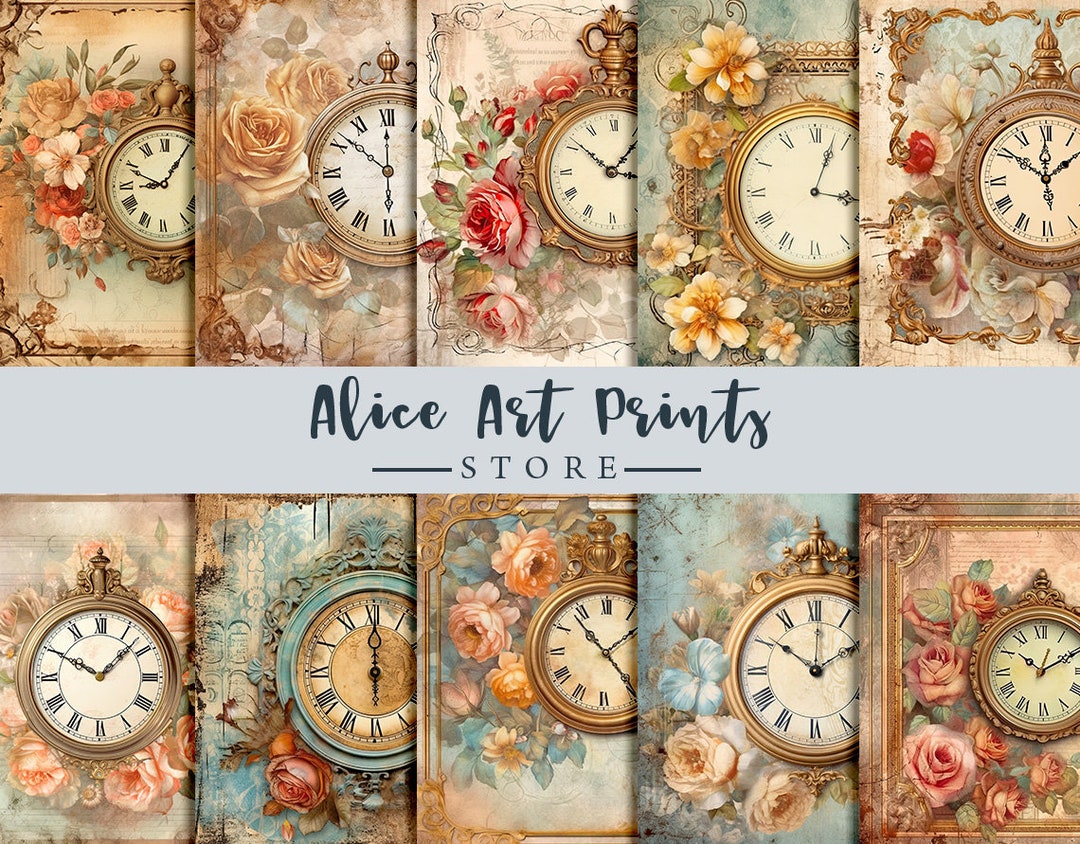 Victorian Clock With Roses Journal Papers, Shabby Chic Junk Journal ...