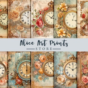 May include: A digital collage sheet featuring vintage-style clocks with floral accents. The clocks have Roman numeral faces and ornate gold frames. The floral accents are in shades of pink, yellow, and white.