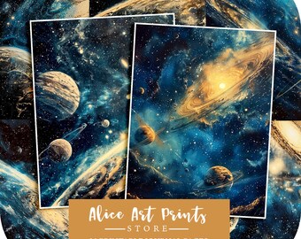 Vintage Galaxy Digital Paper, Space Nebula Junk Journal Page, Night Star Outer Space Scrapbook Collage Sheet, Cosmic Star Dust Planets Pages