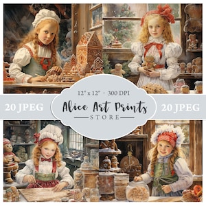 Chica vintage horneando pan de jengibre navideño y galletas Papel de acuarela, Documentos de vacaciones de invierno, Diario, Fabricación de tarjetas de fondo para álbumes de recortes