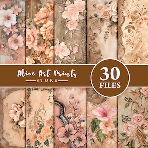 May include: A digital download of 30 floral digital papers in a vintage style with pink and brown colors. The papers feature a variety of floral patterns and designs. Alice Art Prints Store.