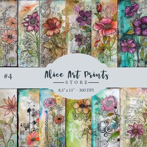 Grunge Journal Papers with flowers, Watercolor Journal Pages, Junk Journal Printable, 12 Junk Journal Pages Grunge Collage Sheet #4
