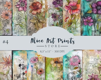 Grunge Journal Papers with flowers, Watercolor Journal Pages, Junk Journal Printable, 12 Junk Journal Pages Grunge Collage Sheet #4