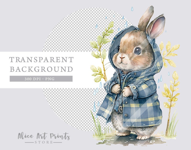 May include: A watercolor illustration of a brown rabbit wearing a blue and yellow plaid raincoat. The rabbit is standing in a puddle of water with green grass and yellow leaves around it. Raindrops are falling from the sky.