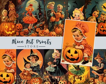 May include: A digital collage of vintage Halloween illustrations featuring children dressed in costumes, pumpkins, and spooky scenes. The collage is titled "Alice Art Prints - STORE".