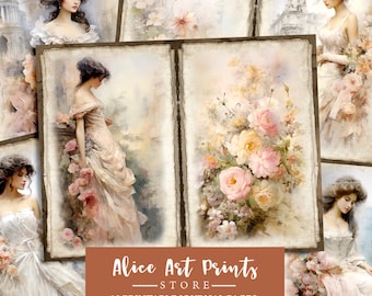 Victorian Women Junk Journal Pages, Shabby Chic Journal Digital Paper for Scrapbooking, Vintage Romantic Blank Junk Journal Pages, Decoupage