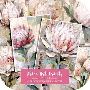 Protea Junk Journal Pages, Protea Flowers Carta digitale, Set di carta per album stampabile, Fiori di Protea strutturati, Texture neutra, Sfondo