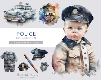 Aquarel politie clipart, politie auto PNG, Kids politieagent illustraties, politie verjaardag jongen clipart, politieagent partij, Proffesion clipart