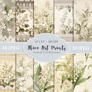 Aquarell Maiglöckchen Junk Journal Kit, Romantik digitales Papier, Vintage Ephemera, Frühling Hintergründe, Shabby Chic Blankopapier