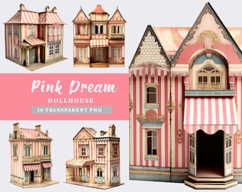 Pink Paper Doll House Clipart Bundle, Printable Dollhouse clipart PNG, junk journal digital ephemera, collage, card making, scrapbooking