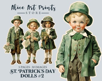 St. Patrick's Day Kids Fussy Cut, Ephemera for Junk Journals, Vintage Shabby Baby Doll, Printable Collage Sheet,  Spring Journal Supplies