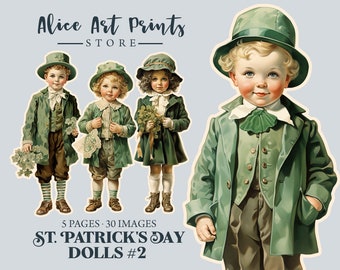 May include: Five printable images of children dressed in green for St. Patrick's Day. The children are wearing hats, coats, and vests. The images are part of a set of 30 images.
