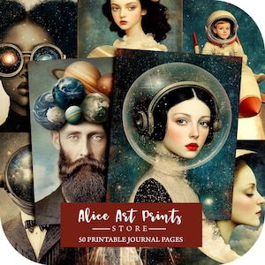 May include: A collage of digital art prints featuring portraits of people with celestial and space-themed elements. The prints are part of a collection called "Alice Art Prints - Store" and include the text "50 Printable Journal Pages".