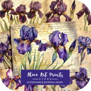 Kit de journal indésirable Iris aquarelle, papier journal numérique fleurs Iris vintage pour le scrapbooking, pages imprimables Shabby Chic téléchargement immédiat